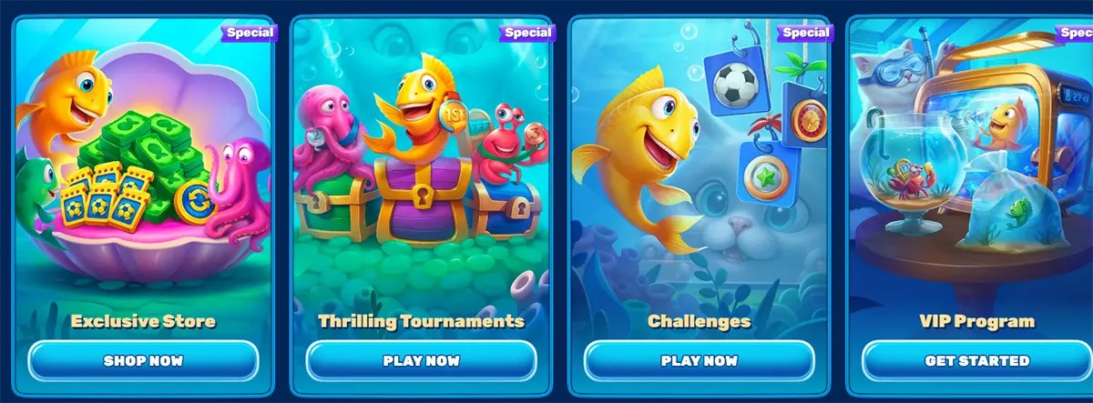 Special promotions section with underwater-themed cards featuring a cartoon fish mascot, highlighting features like an Exclusive Store, Thrilling Tournaments, Challenges, and a VIP Program, each with bright call-to-action buttons such as “Shop Now,” “Play Now,” and “Get Started”
