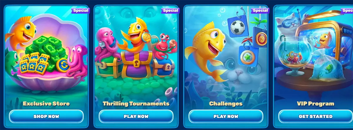Special promotions section with underwater-themed cards featuring a cartoon fish mascot, highlighting features like an Exclusive Store, Thrilling Tournaments, Challenges, and a VIP Program, each with bright call-to-action buttons such as “Shop Now,” “Play Now,” and “Get Started”