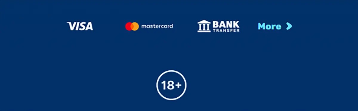 Footer-style payment section showing Visa, Mastercard, and bank transfer options, along with a “More” link for additional methods, and a centered 18+ age restriction badge on a blue background
