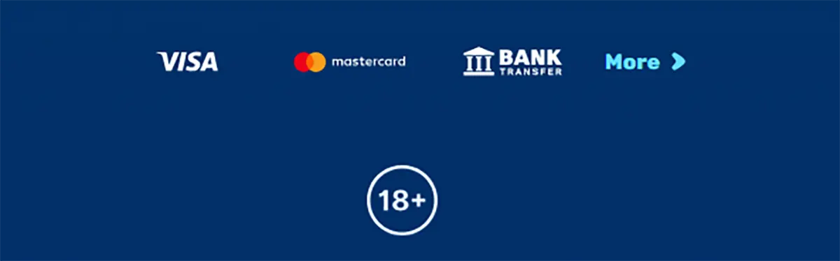 Footer-style payment section showing Visa, Mastercard, and bank transfer options, along with a “More” link for additional methods, and a centered 18+ age restriction badge on a blue background