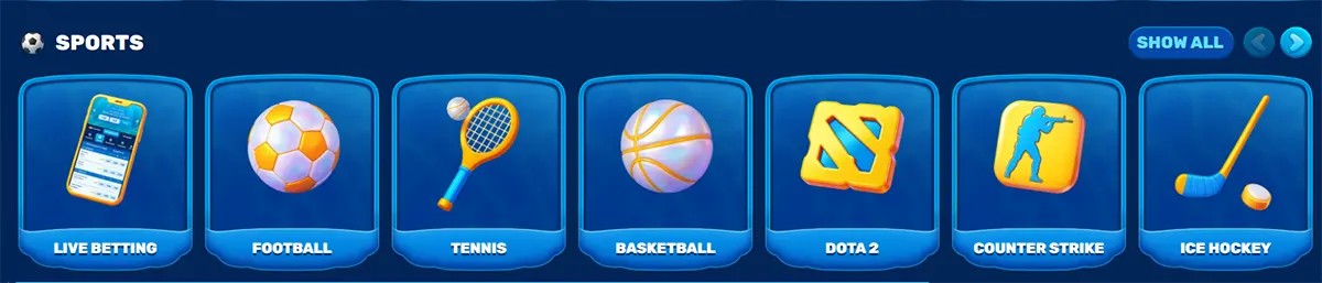 Sports section featuring a row of category tiles for Live Betting, Football, Tennis, Basketball, Dota 2, Counter-Strike, and Ice Hockey, each represented by a simple icon on a blue card, with a “Show All” option for more categories