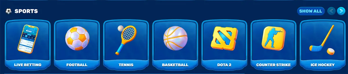 Sports section featuring a row of category tiles for Live Betting, Football, Tennis, Basketball, Dota 2, Counter-Strike, and Ice Hockey, each represented by a simple icon on a blue card, with a “Show All” option for more categories