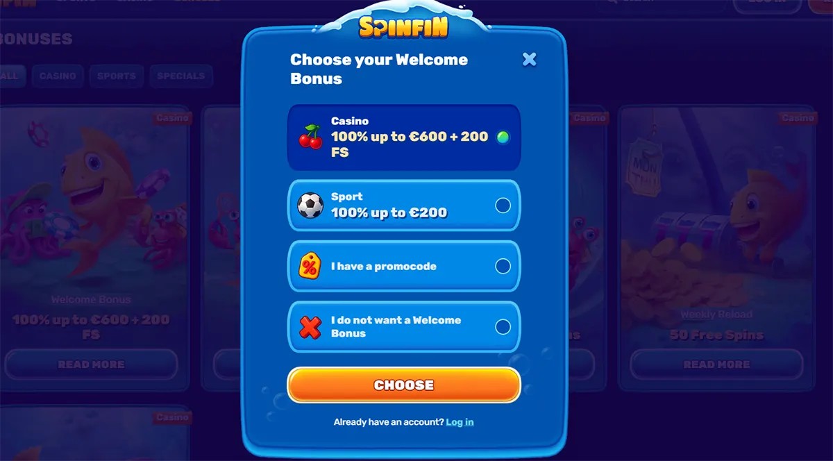 Welcome bonus selection popup for Spinfin Casino, offering users a choice between a casino bonus (100% up to €600 + 200 free spins), a sports bonus (100% up to €200), entering a promo code, or skipping the bonus, with a highlighted “Choose” button and login link below