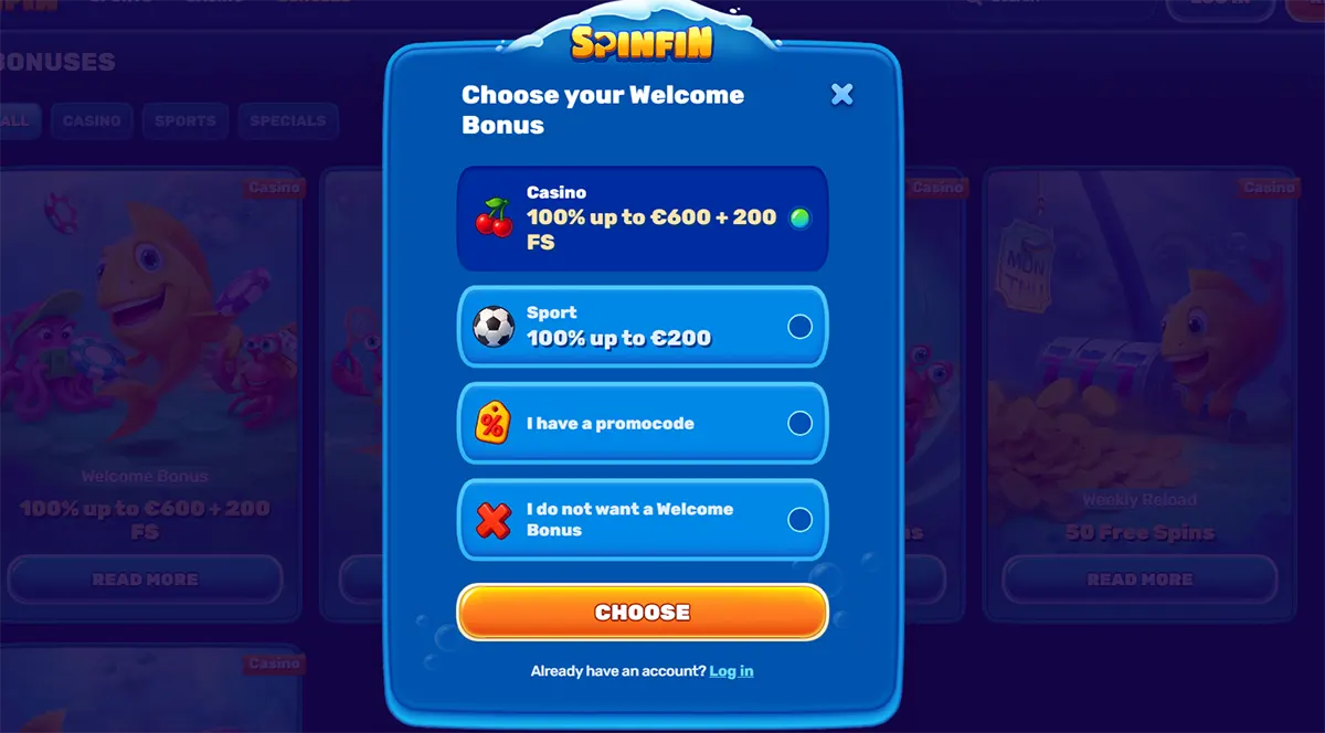 Welcome bonus selection popup for Spinfin Casino, offering users a choice between a casino bonus (100% up to €600 + 200 free spins), a sports bonus (100% up to €200), entering a promo code, or skipping the bonus, with a highlighted “Choose” button and login link below